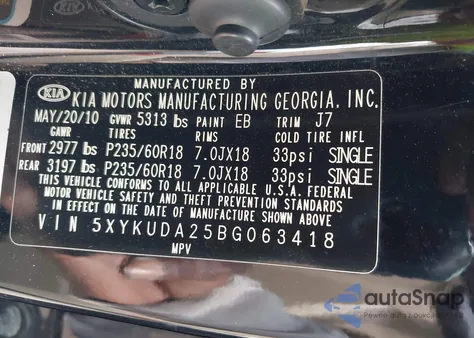 2011 Kia Sorento Ex V6 from USA, damaged, VIN 5XYKUDA25BG063418